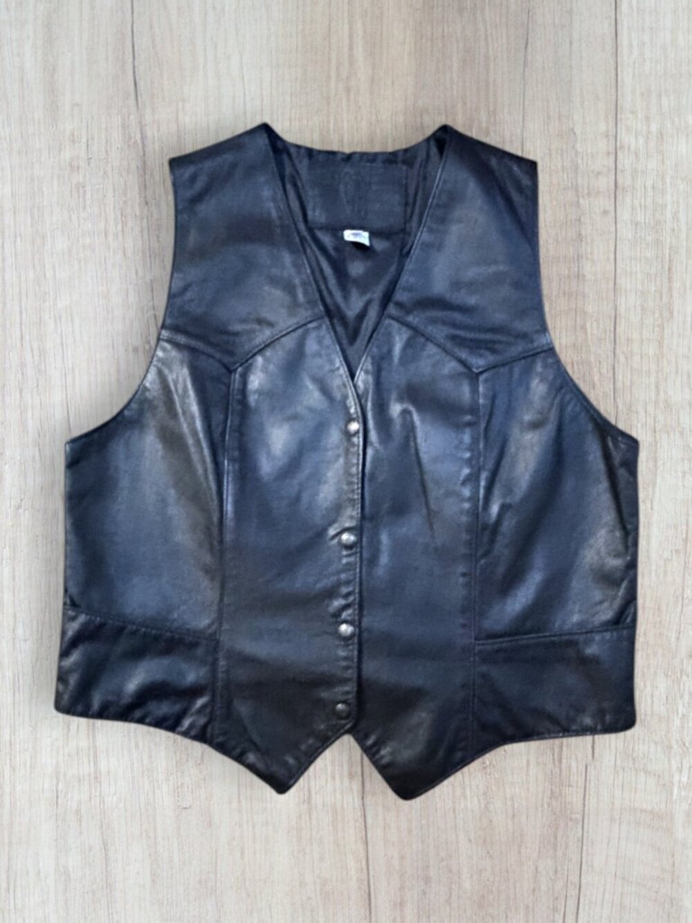 Vintage Black Leather Western Biker Vest Snap Front USA Motorcycle Rodeo XL